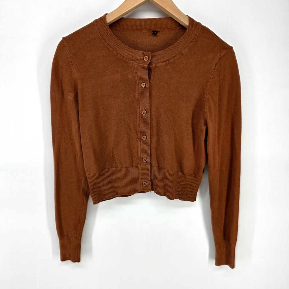 Cardigan Women S Brown Cropped Button Front Crew Neck Sweater Retro